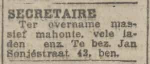 Artikel 'Secretaire' uit Rotterdamsch nieuwsblad van 24 sep 1909
