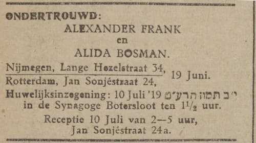 Artikel 'Alexander Frank en Alida Bosman.' uit Rotterdamsch nieuwsblad van 24 sep 1909

