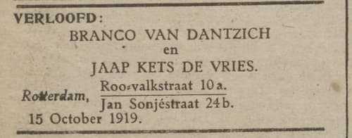 Artikel 'Branco van Dantzich en Jaap Kets de Vries.' uit Rotterdamsch nieuwsblad van 24 sep 1909
