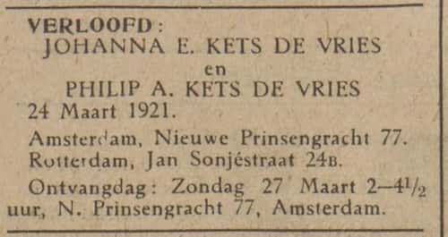 Artikel 'Johanna E. Kets de Vries en Philip A. Kets de Vries' uit Rotterdamsch nieuwsblad van 24 sep 1909
