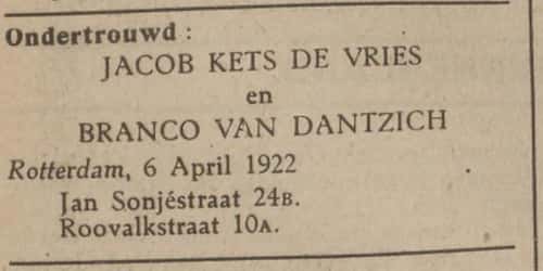 Artikel 'Jacob Kets de Vries en Branco van Dantzich' uit Rotterdamsch nieuwsblad van 24 sep 1909

