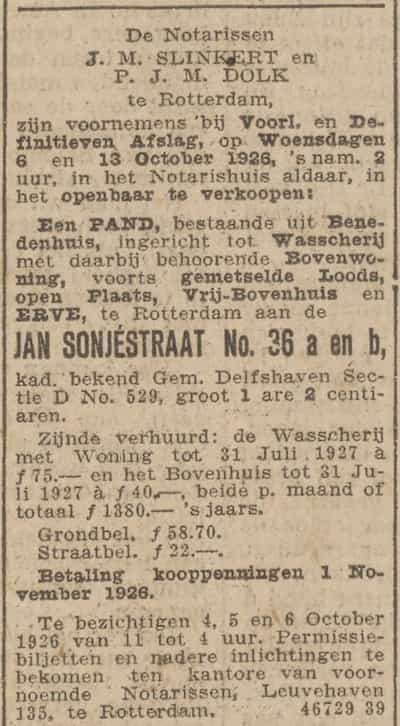 Artikel 'Jan Sonjéstraat Numero 26 a en b,' uit Rotterdamsch nieuwsblad van 24 sep 1909

