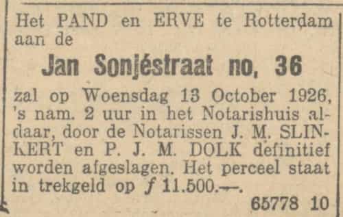 Artikel 'Jan Sonjéstraat numero 36' uit Rotterdamsch nieuwsblad van 24 sep 1909
