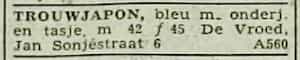 Artikel 'Trouwjapon,' uit Rotterdamsch nieuwsblad van 24 sep 1909
