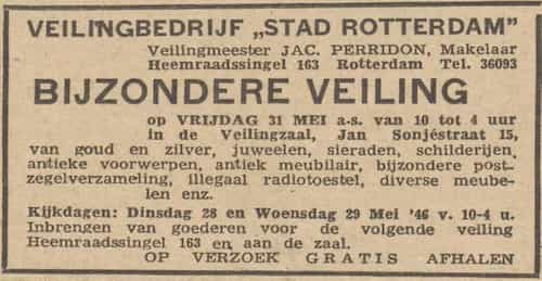 Artikel 'Bijzondere veiling' uit Rotterdamsch nieuwsblad van 24 sep 1909
