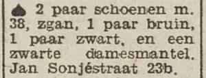 Artikel '2 paar schoenen maat 38,' uit Rotterdamsch nieuwsblad van 24 sep 1909
