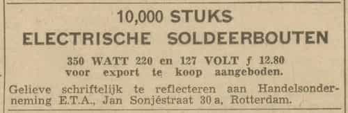 Artikel '10,000 Stuks electrische soldeerbouten' uit Rotterdamsch nieuwsblad van 24 sep 1909
