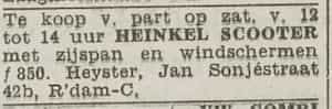 Artikel 'Heinkel scooter' uit Rotterdamsch nieuwsblad van 24 sep 1909
