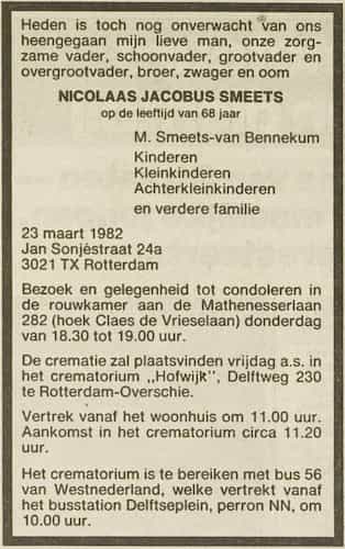 Artikel 'Nicolaas Jacobus Smeets' uit Rotterdamsch nieuwsblad van 24 sep 1909
